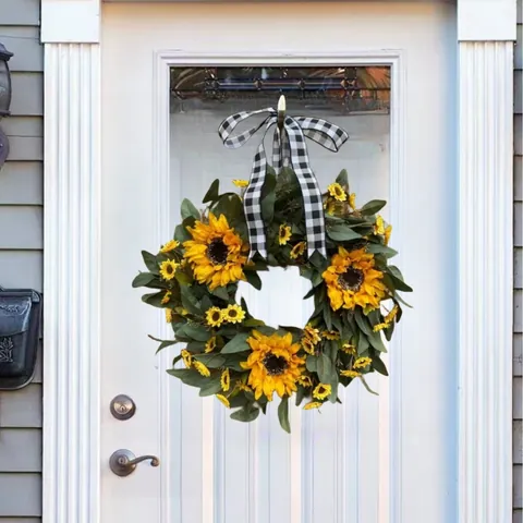 Artificial Sunflower Wreath For Front Door Floral Wreath With Plaid Bow Harvest Thanksgiving Fall Wreath For Home Wall Decor