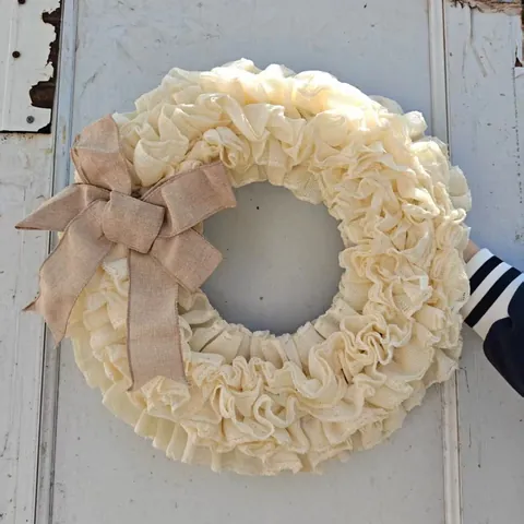 French Country Burlap Wreath With Large Bow Ruffled Cream Linen Wreath For Front Door Christmas St Patrick Day Decor