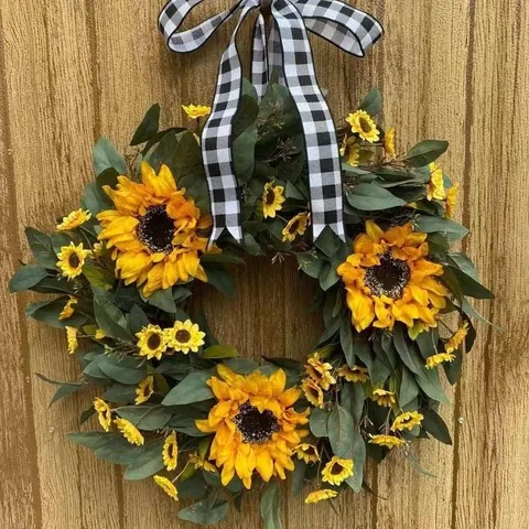 Artificial Sunflower Wreath For Front Door Floral Wreath With Plaid Bow Harvest Thanksgiving Fall Wreath For Home Wall Decor