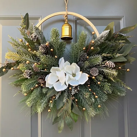 Christmas Magnolia Wreath With Metal Bell Pine Needles Pine Cones Plastic Foam Door Hanging Festival Scene Home Decoration