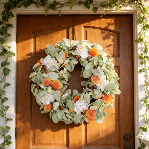 Autumn Thanksgiving Wreath Artificial Lamb's Ear Leaf Wreath White Flowers Orange Leaves Acorns Harvest Festival Front Door Decor