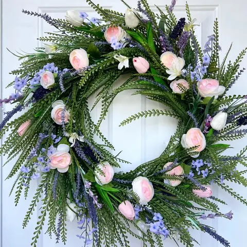 Artificial Spring Wreath For Front Door Wall Decor Pink Tulip Lavender Green Leaves Woven Flower Wreath Easter Party Home Decoration