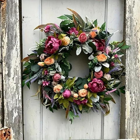 Autumn Harvest Peony Rose Artificial Wreath Thanksgiving Front Door Hanging Home Decor Modern Minimalist Floral Wreath