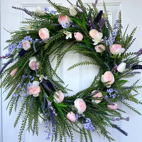 Artificial Spring Wreath For Front Door Wall Decor Pink Tulip Lavender Green Leaves Woven Flower Wreath Easter Party Home Decoration
