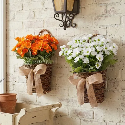 Artificial Sunflower Daisy Vine Basket Wreath Wall Hanging For Front Door Autumn Rustic Farmhouse Home Floral Decor