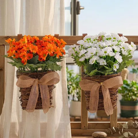 Artificial Sunflower Daisy Vine Basket Wreath Wall Hanging For Front Door Autumn Rustic Farmhouse Home Floral Decor