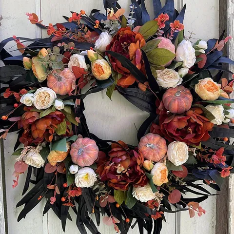 Gothic Black Leaf Pumpkin Wreath Artificial Peony Flower Garland Halloween Door Decoration Autumn Thanksgiving Home Wall Party Decor