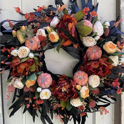 Gothic Black Leaf Pumpkin Wreath Artificial Peony Flower Garland Halloween Door Decoration Autumn Thanksgiving Home Wall Party Decor