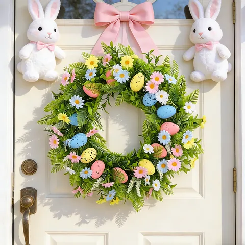 Easter Egg Wreath Artificial Spring Flower Wreath With Pastel Speckled Eggs Daisy Fern Leaves For Front Door Wall Home Party Decor