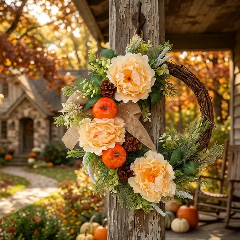 Herbst Thanksgiving Kranz Mit Künstlichem Kürbis Kiefernzapfen Pfingstrose Blume Rattan Basis Erntedankfest Haus Tür Deko