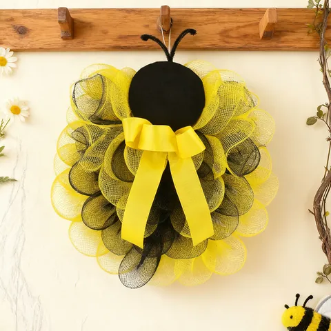 Biene Netz Kranz Dekoration Gelb Schwarz Gestreift Bienenfest Kranz Mit Schleife Für Ostern Frühling Hof Tür Wand Deko