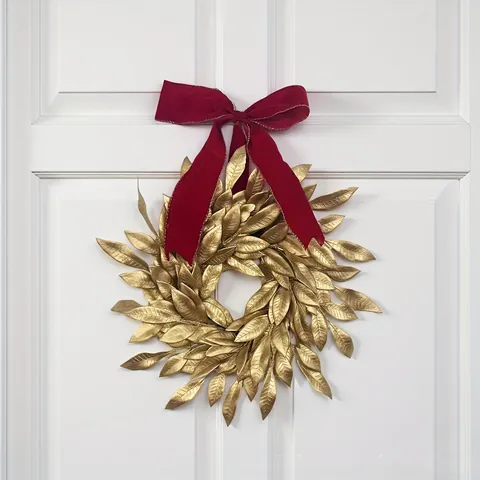 Corona De Navidad De Hojas Doradas Con Lazo De Terciopelo Rojo Guirnalda Colgante Artificial Decoración Elegante Para El Hogar