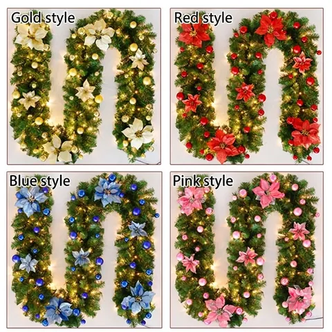 Künstliche Seidenblumen Weihnachtsgirlande Mit LED Lichtern Tannennadeln Kugeln Ornament Für Tür Fenster Weihnachtsbaum Deko Festlich Girlande