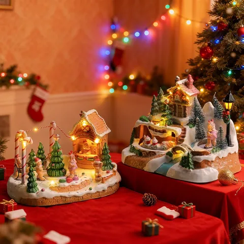 Christmas Music Box Glowing Rotating Gingerbread Man Train Miniature Snow House Resin Ornament LED Light Festive Decor Gift