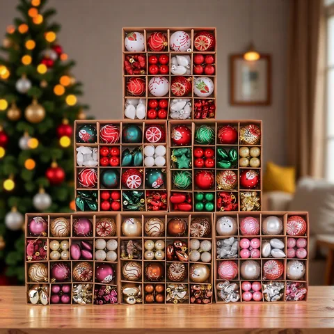65-delige Kerstballen Set Onbreekbaar Plastic Kerstboomversieringen Met Sterren Harten Strikken Voor Vakantie Feest Decor