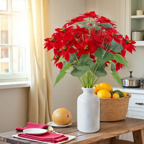 Artificial Poinsettia Bouquet Red Silk Look Flower Decoration For Christmas Home Decor Traditional Festive Floral Arrangement
