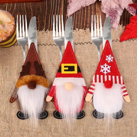 Christmas Cutlery Set Gnome Felt Tableware Holder Cute Faceless Old Man Hat Table Decoration Props For Festive Dining