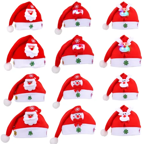 LED Light Up Christmas Hat For Adults Kids Santa Claus Snowman Reindeer Pattern Holiday Party Decorative Plush Cap Red White Festive Headwear