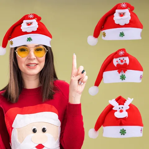 LED Light Up Christmas Hat For Adults Kids Santa Claus Snowman Reindeer Pattern Holiday Party Decorative Plush Cap Red White Festive Headwear