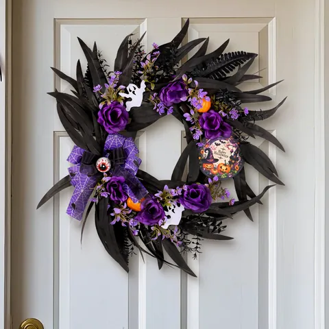 Halloween Simulation Lila Rose Kranz Mit Schwarzen Blättern Geist Kürbis Augapfel Happy Halloween Holzschild Türbehang Dekor