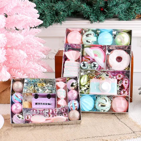 Macaron Christmas Ball Set Painted Plastic Candy Shaped Ornaments For Christmas Tree Decoration Holiday Party Supplies Star Camera Train Design