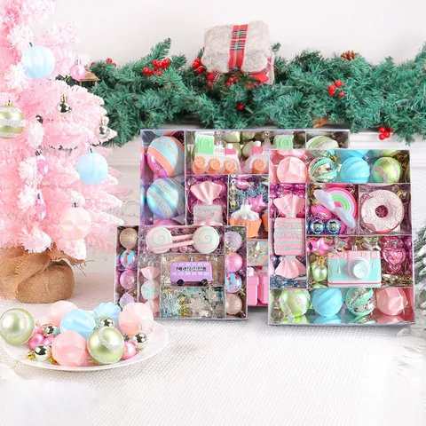 Macaron Christmas Ball Set Painted Plastic Candy Shaped Ornaments For Christmas Tree Decoration Holiday Party Supplies Star Camera Train Design