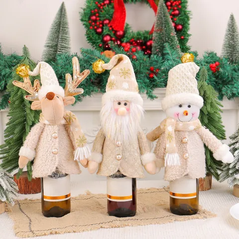 Christmas Santa Snowman Reindeer Wine Bottle Cover Decorative Bag Plush Knit Fabric Snowflake Decor For Dining Table Party
