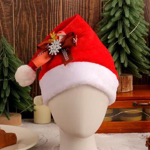 Gorro de Navidad de Felpa Roja para Adultos Decoración de Fiesta con Lazo y Flores Accesorios de Festival Regalo