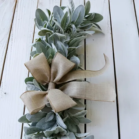 Artificial Lamb's Ear Leaf Garland With Burlap Bow Flocked Faux Eucalyptus Swag Farmhouse Wall Door Hanging Rustic Home