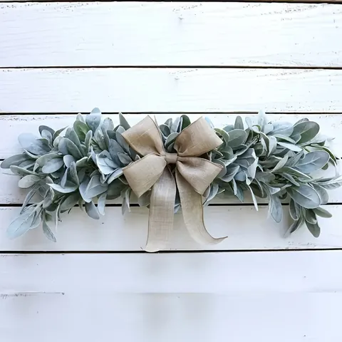Artificial Lamb's Ear Leaf Garland With Burlap Bow Flocked Faux Eucalyptus Swag Farmhouse Wall Door Hanging Rustic Home