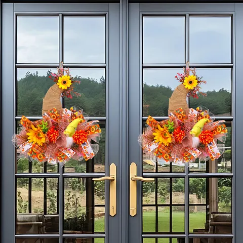 Couronne de Porte Gnome d'Automne Tournesol Forme Chapeau de Sorcière Ruban en Maille pour Action de Grâce Halloween Déco