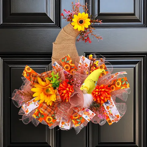 Couronne de Porte Gnome d'Automne Tournesol Forme Chapeau de Sorcière Ruban en Maille pour Action de Grâce Halloween Déco