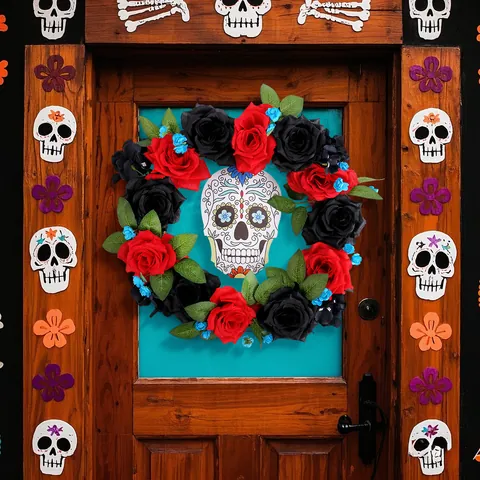 Στεφάνι Halloween Ημέρα Των Νεκρών Κόκκινο Και Μαύρο Τριαντάφυλλο Λουλούδι Κρανίο Διακόσμηση Πόρτας Μεξικάνικο Πάρτι Σπίτι