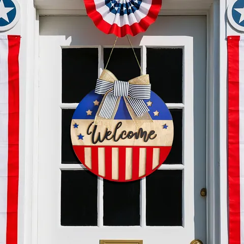 American Independence Day Welcome Wood Sign Front Door Wreath Decor With Bow Red White Blue Star Striped Wall Hanging Ornament