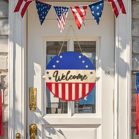 American Independence Day Welcome Wood Sign Front Door Wreath Decor With Bow Red White Blue Star Striped Wall Hanging Ornament