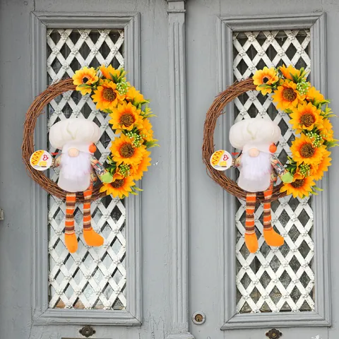 Couronne de Gnome Chef Tournesol Décorative Fleur Artificielle Vigne Naturelle Guirlande Pour Fête des Abeilles de Printemps Décoration de Porte Murale
