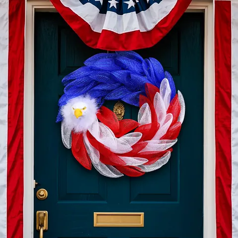 Patriotic American Independence Day Bald Eagle Deco Mesh Wreath Red White Blue Front Door Wall Hanging Decor