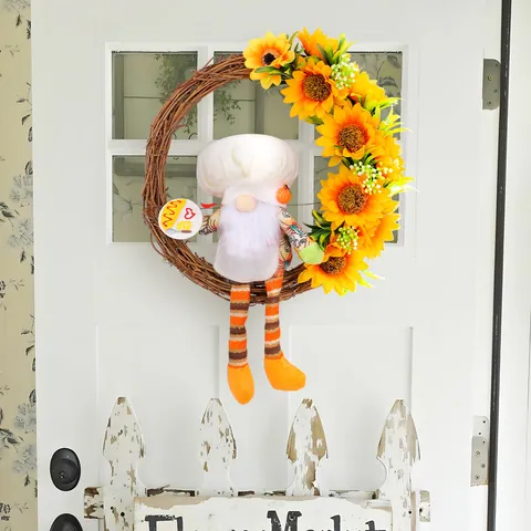 Couronne de Gnome Chef Tournesol Décorative Fleur Artificielle Vigne Naturelle Guirlande Pour Fête des Abeilles de Printemps Décoration de Porte Murale