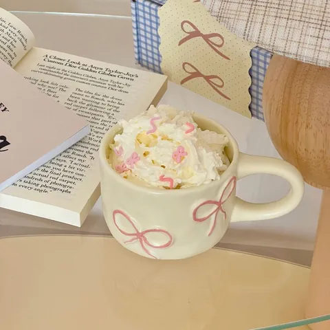 3D Bowknot Relief Ceramic Mug Irregular Hand Pinched Korean Cream Style Coffee Cup For Home Office Breakfast Gift Women