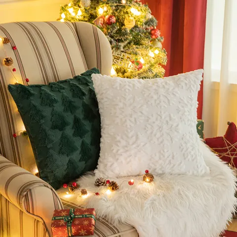 Christmas Plush Embroidered Pillow Case 3D Snowflake Tree Reindeer Cushion Cover For Sofa Living Room Holiday Party Decor