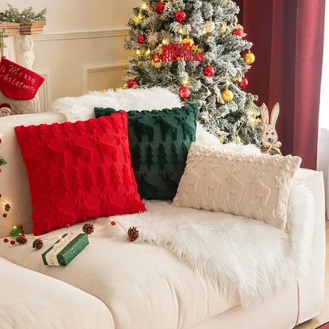 Christmas Plush Embroidered Pillow Case 3D Snowflake Tree Reindeer Cushion Cover For Sofa Living Room Holiday Party Decor