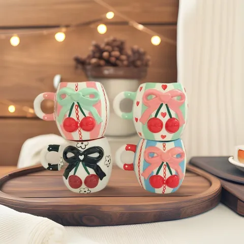 Cherry Bowknot Ceramic Mug 3D Relief Coffee Cup Fresh Girly Style Milk Tea Water Cup Home Office Desktop Decorative Mug