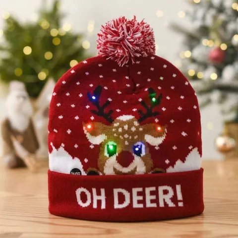 Bonnet de Noël LED Motif Renne Père Noël Bonhomme de Neige Tricoté Lumières Colorées Fête Femmes Hommes Enfants
