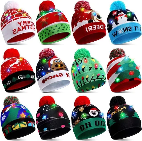 Bonnet de Noël LED Motif Renne Père Noël Bonhomme de Neige Tricoté Lumières Colorées Fête Femmes Hommes Enfants