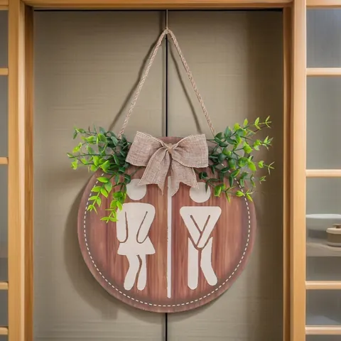 Round Wooden Bathroom Toilet Sign Plaque With Burlap Bow And Artificial Greenery Funny Silhouette Wall Hanging Farmhouse Home Decor