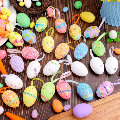 Colorful Foam Easter Egg Hanging Ornaments Glitter Floral Pattern Eggs For Home Party Spring Garden Decoration Easter Gifts