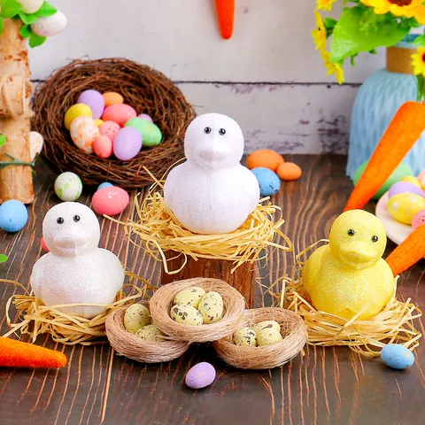 Easter Duck Decoration Set Foam Glitter Flocked Duck With Bird Nest And Speckled Eggs Festive Tabletop Ornament Props