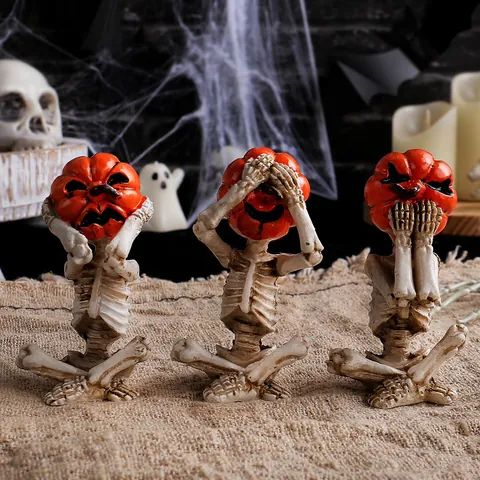 Halloween Pumpkin Head Skeleton Resin Ornaments Yoga Meditation Skeleton Statues For Home Table Decor Party Decorations