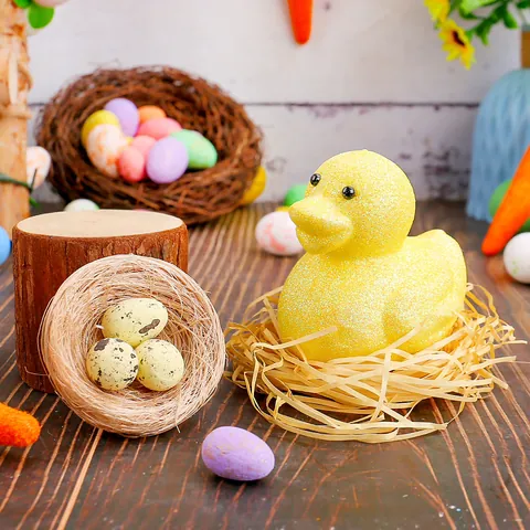 Easter Duck Decoration Set Foam Glitter Flocked Duck With Bird Nest And Speckled Eggs Festive Tabletop Ornament Props