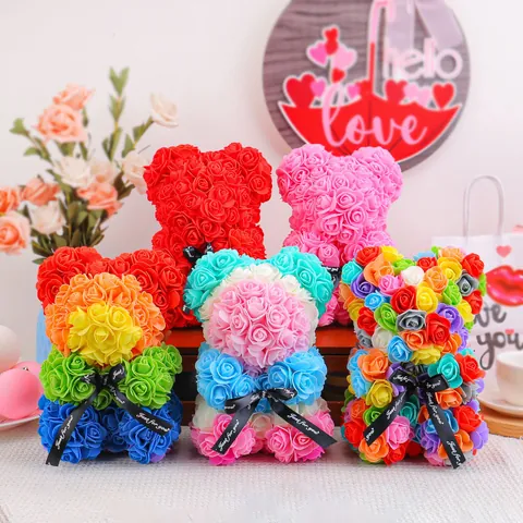 Handmade PE Foam Rose Bear Romantic Artificial Eternal Flower Teddy Bear Gift For Valentine Day Birthday Decor With Satin Ribbon
